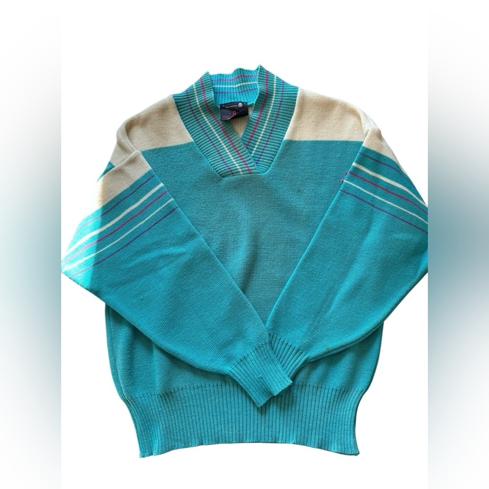 VTG 80’s Women’s Virgin Wool Colorblock  Sweater Sz M Blue Cream Stripe